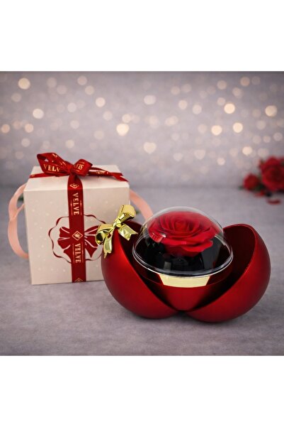 velve Spherical jewelry box with red soap rose and gold bow, Red
