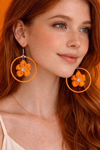 BAGS Dennis's Handmade Orange Flower Hoop Earrings |   Rope Weave, Stone Deta...