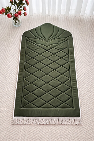 uhtico Yeşil İpek Kadife Kapitone Seccade, Ortopedik Diz Ağrıtmayan Süngerli,...