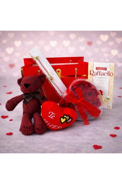 velve Pachet Special Valentine, cu ursuleț pluș 18 cm,inimioară pluș 8 cm, cu...