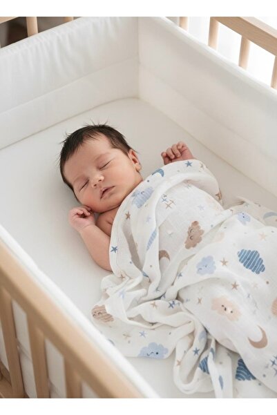 Caline Baby غطاء قماش موسلين بنمط السحابة الزرقاء 120×120 سم + 4 مناديل مبللة...