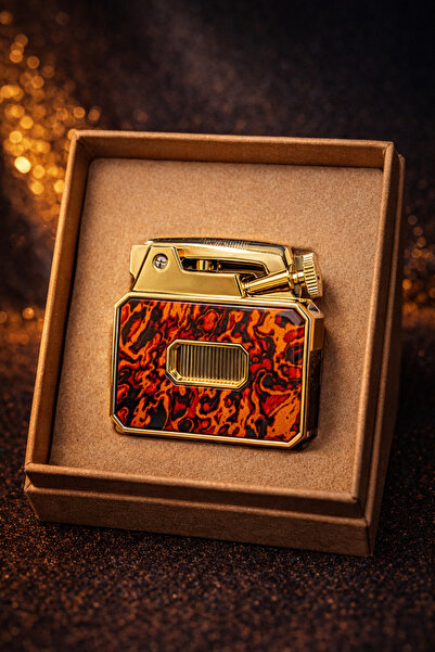 PROMISE Benzinli Gold Kaplama Lüks Çakmak – Kırmızı Siyah Özel Desen | Presti...