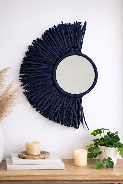 Bubihome Bohem Dekoratif Ayna Lacivert Rafya Ayna