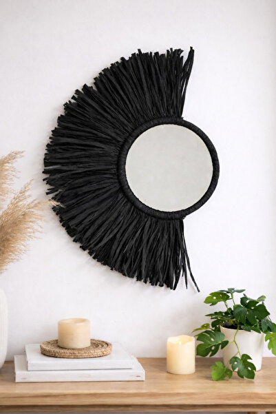 Bubihome Bohem Dekoratif Ayna Siyah Rafya Ayna