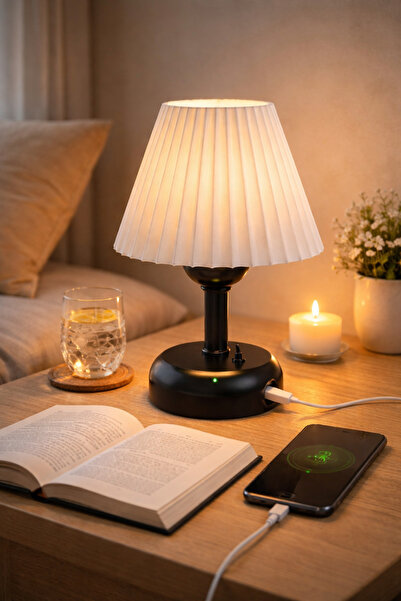 Bubihome Şarjlı Pileli Siyah Ledli Abajur, Kablosuz Dekoratif Abajur