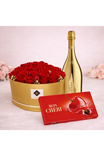 velve Pachet floral Glamour RedGold, cutie inima cu 25 trandafiri de sapun, P...