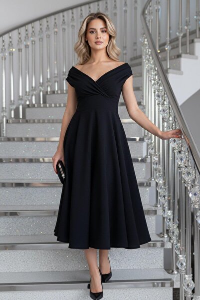 Mossta Φόρεμα με φούστα off-shoulder και βολάν από κρεπ - Μαύρο