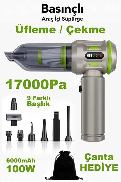 mimtec Kablosuz Araç İçi Süpürge - 17.000Pa Güçlü 9 Başlıklı Hava Çekmeli Üfl...