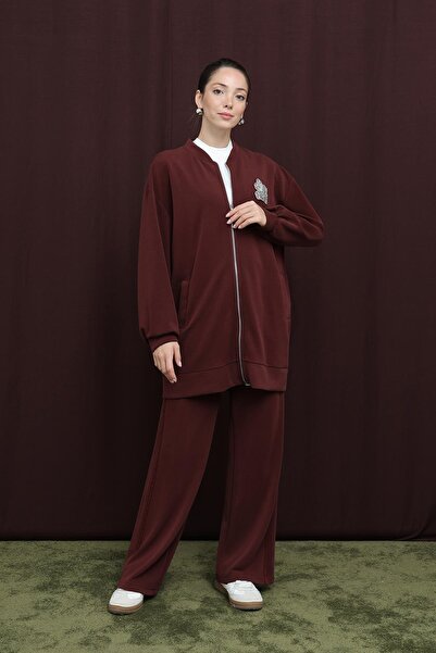 Puane Women's Embroidery Detailed Embroidered Suit - 14305Tks - Burgundy