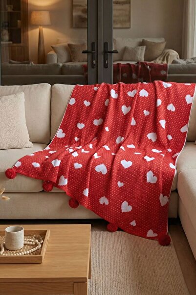 Sevim Heart Knitted Blanket – with Pompoms, Double-Sided, Soft, Valentine's D...