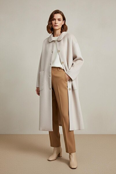 Puane Women's Fox Coat with Button and Pocket Detail - 15220Kbn - Stone