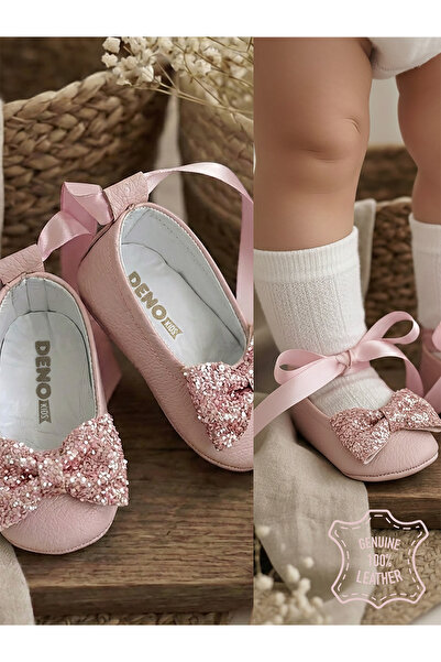 Denokids Baby Girl Ribbon Booties Genuine Leather Pubra Ballerina Soft Sole S...