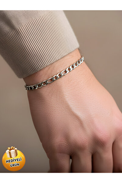 Piercing Market Steel & Silver Erkek Gümüş Renk Tasarım Figaro Model Bileklik
