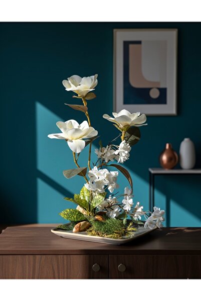 ÇİÇEKHOME Dolgun Beyaz Yapay Sümbül Aranjmanı | Kahverengi Kayaç ve Dal Detay...
