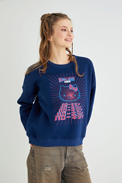 Hello Kitty Lisanslı Baskılı Kalın Lacivert Sweatshirt