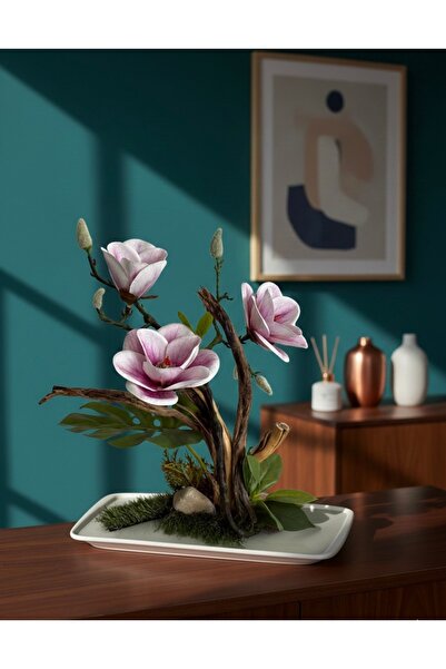 Flower Ortanca & Manolya | Doğal Kayaç ve Köklü Tasarım Masa Dekoru