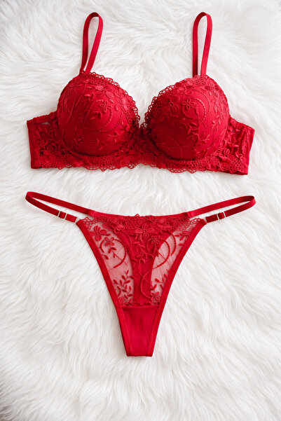 SİLVER MİRROR Red Lace Patterned Support Set