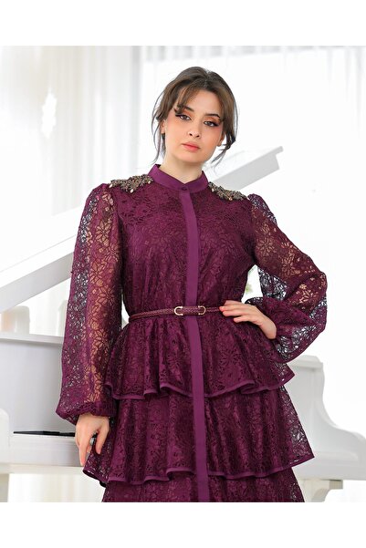 Opera Fashion فستان سهرة برغندي دانتيل بطبقات مزين بكرستال على الكتف