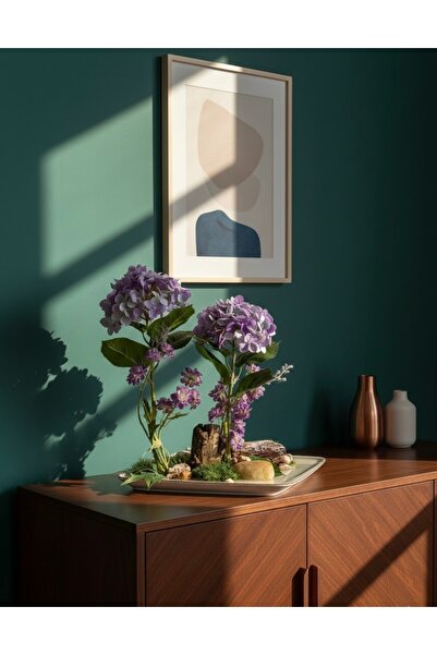 Flower Lüks Yapay Ortanca Aranjmanı | Doğal Kayaç ve Taş Detaylı Ev Dekoru