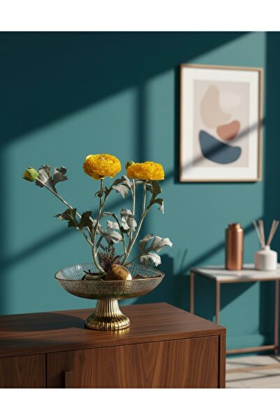 Flower Altın Detaylı Cam Kasede Premium Yapay Sarı Çiçek Tasarımı