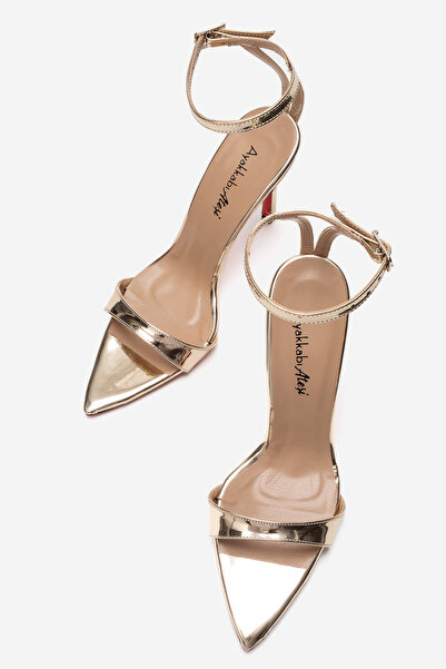 warcare Kadın Altın Ayna Tek Bantlı Sivri Burun Topuklu Sandalet - Abiye Ayak...