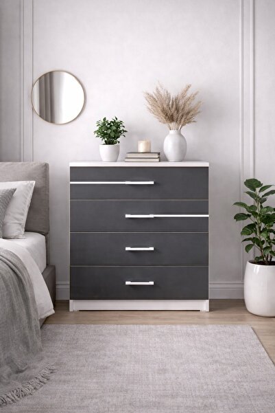 AZZURİ PİYANO 4 Çekmeceli Şifonyer Draver Dresser Antrasit BEYAZ AZR-907044