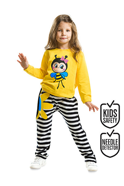 Denokids Bee Girl Velvet Tracksuit Set - Striped and Floral Pattern