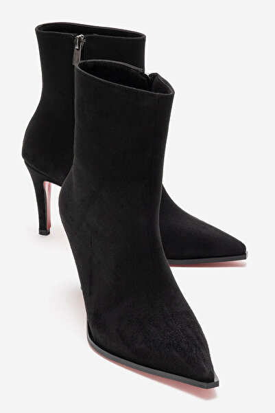 Ayakkabı Ateşi Women's Black Suede Ankle Length Short Thin Heeled Boots Torina