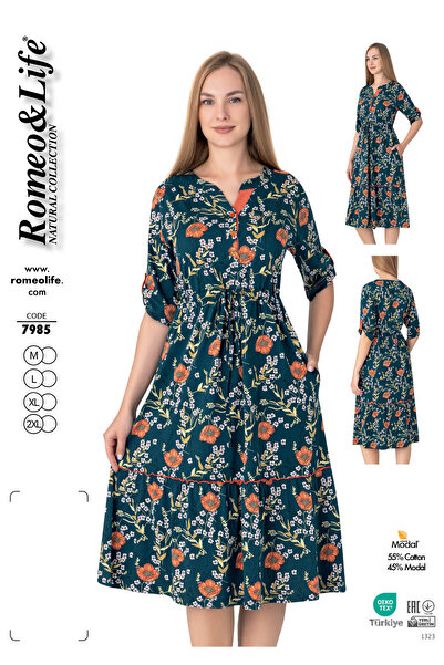 ROMEO LİFE Дамска стилна рокля от памучен модал с копчета и детайлни шарки 7985