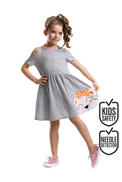 MSHB&G Rochie de vară pentru fetiță cu dungi gri cu umăr scobit