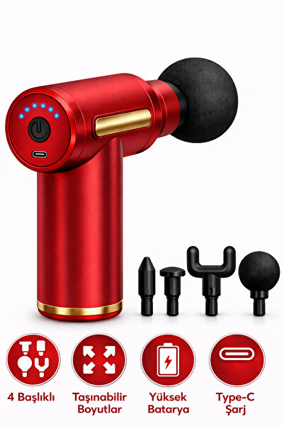 Arfseb 4 Başlıklı, Uzun Pil Ömürlü , Taşınabilir Masaj Tabancası – Kırmızı