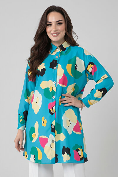 benguen 8888 Patterned Hijab Shirt Turquoise