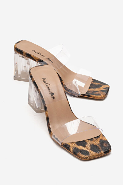 Ayakkabı Ateşi Papuci de damă cu toc transparent leopard, cu acoperire transp...