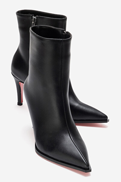 Ayakkabı Ateşi Women's Black Leather Ankle Length Short Thin Heeled Boots Torina
