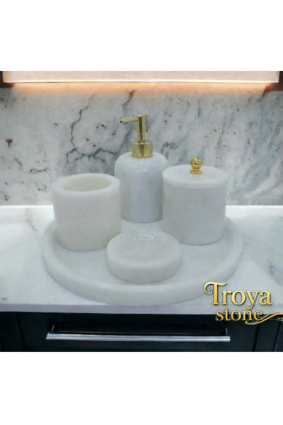 KaideDekor طقم حمام رخامي أبيض مكون من 5 قطع