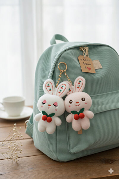 Şirin 2 li Kirazlı Tavşan Peluş Anahtarlık Seti (Beyaz & Pembe)