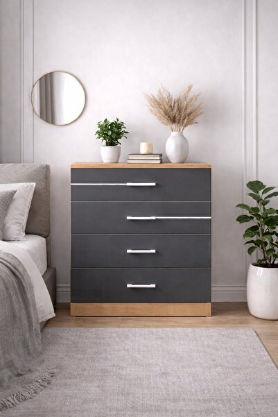 AZZURİ PİYANO 4 Çekmeceli Şifonyer Draver Dresser Antrasit Meşe AZR-907044