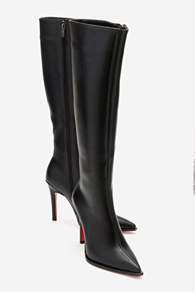 Ayakkabı Ateşi Kadın Diz Altı Fermuarlı İnce Topuklu Çizme Yoran Siyah Cilt