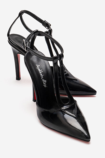 Ayakkabı Ateşi Pantofi cu toc cu design cu bandă în T, din piele neagră, pent...