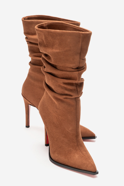 Ayakkabı Ateşi Büzgülü Kadın Bot Taba Süet Sivri Burun İnce Topuklu Körüklü Ş...