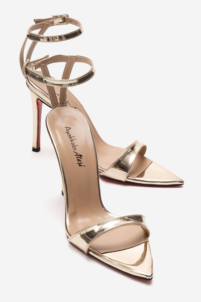 Ayakkabı Ateşi Sandale cu toc ascuțit cu o singură curea, aurii, pentru femei...