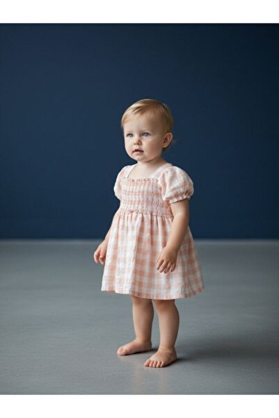 Çikoby Kız Çocuk Kareli Kolları Fırfırlı Elbise