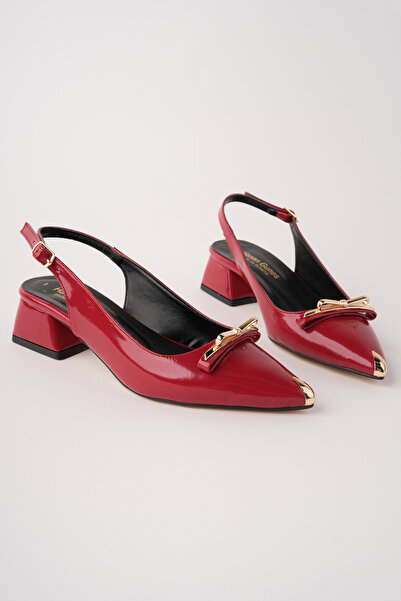 RoseVeno Pantofi de damă din piele lacuită roșie cu cataramă aurie, cu toc sc...