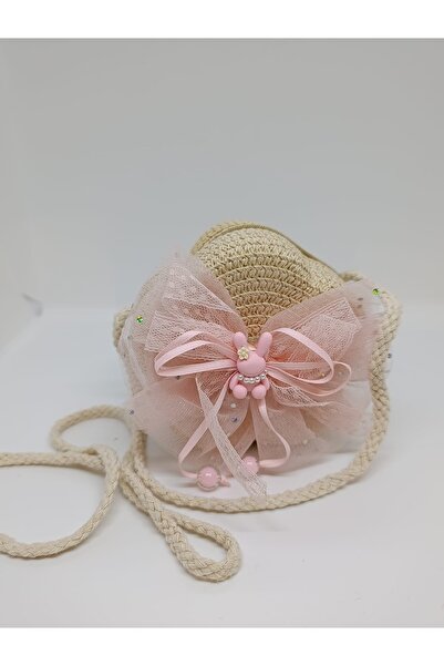 MODA Çocuk Hasır Örgülü Çanta - El ve Omuz Çantası-Papatya Şeklinde Tül Tokalı
