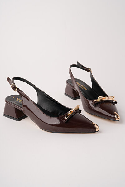 RoseVeno Pantofi de damă din piele lacuită maro, cu cataramă aurie, cu toc sc...