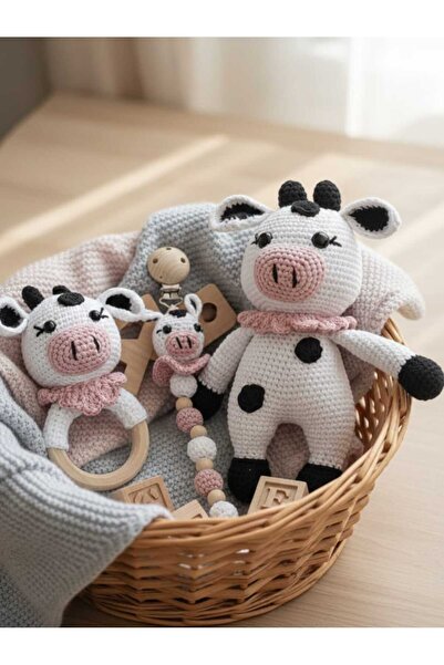 kelebeginruyasihobievi Amigurumi Organik Uyku Arkadaşı İnek, Çıngırak ve Emzi...