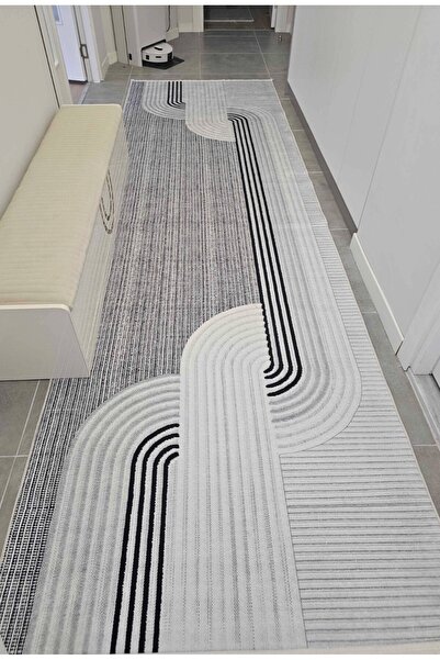 VOPTEKS Gri Siyah Halı Yolluk Makinede Yıkanabilir Halı Kaymaz Taban Halı