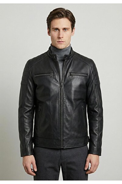 Felix Hardy Men's Black -Zippered Leather Biker Jacket