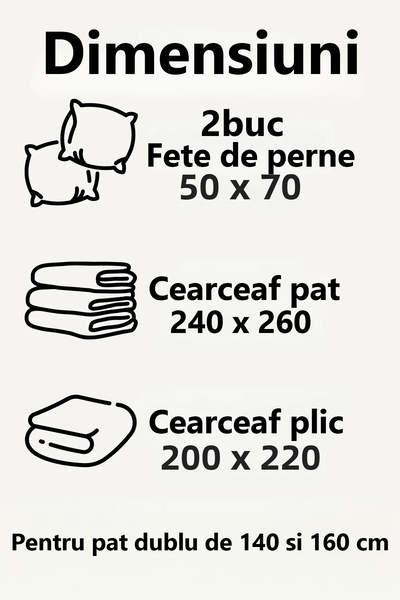 DEMOTEKS Set lenjerie pat dublu husa pilota bumbac ranforce cearceaf plic, cearceaf pat, 2 perne