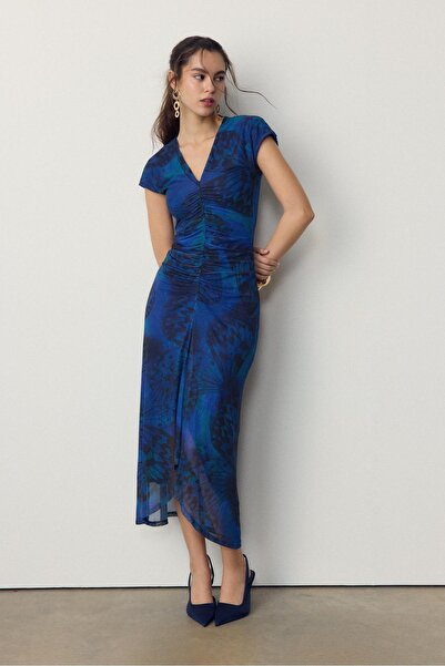 Stradivarius Printed tulle V-neck midi dress